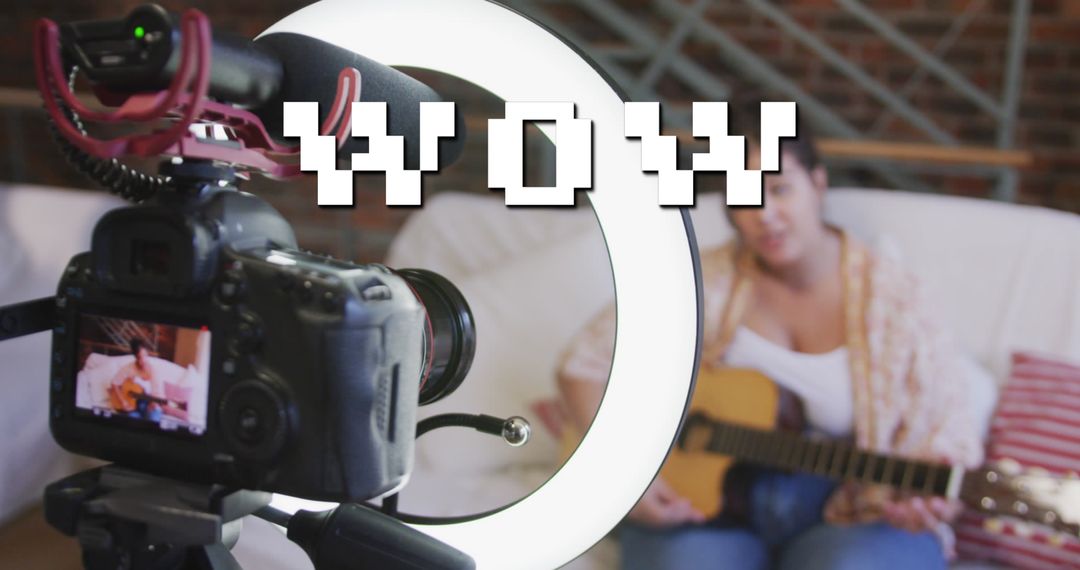 Woman Vlogging While Playing Guitar with Professional Setup