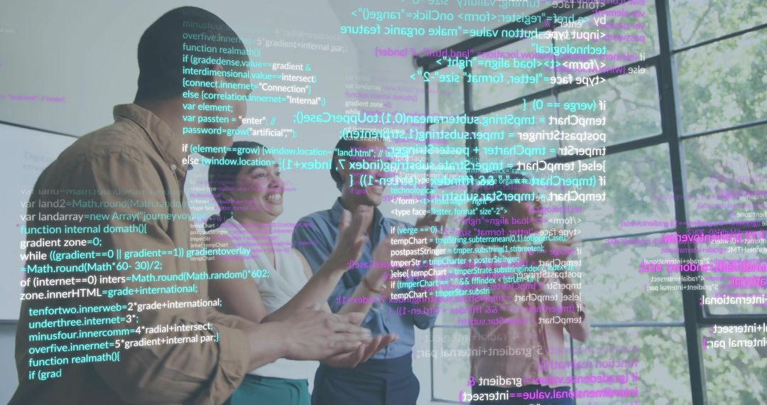 Business team collaborating with AR interface on glass wall, pointing and analyzing data