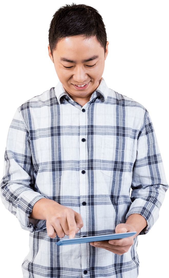 Cheerful Man Interactively Using Transparent Tablet Device