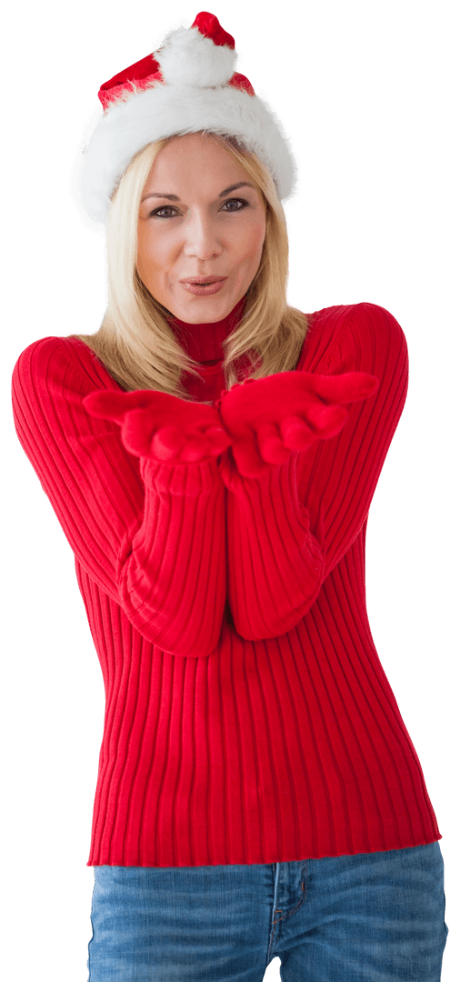 Smiling Woman in Santa Hat with Open Hands on Transparent Background