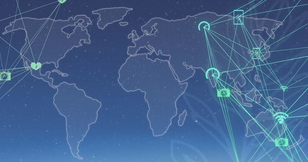 Global Network with Data Connections on Blue World Map