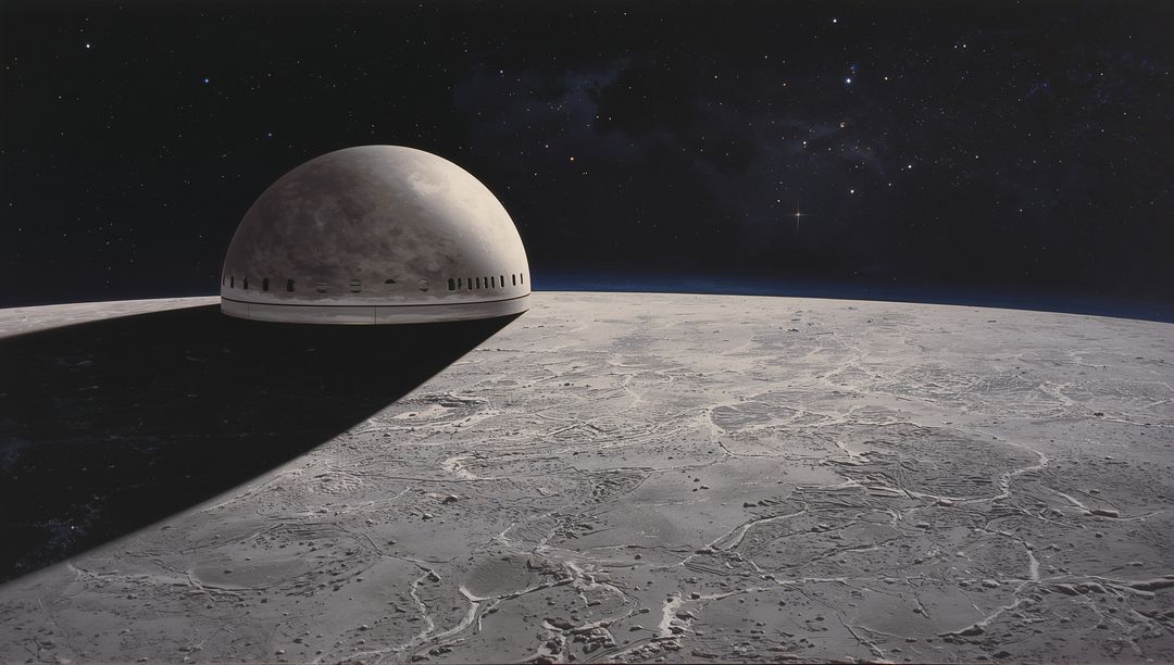 Lunar dome casting long shadow over cratered regolith, vented hemisphere silhouette