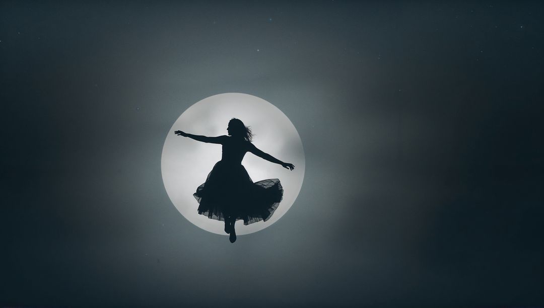Dancer Silhouette Floating Gracefully Before Full Moon
