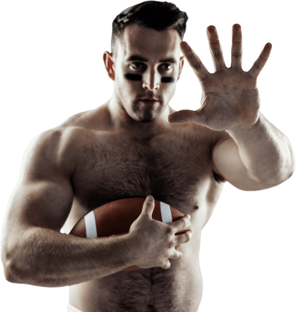 Shirtless American Football Player Posed with Ball in Transparent Background