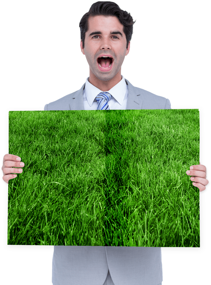 Caucasian Businessman Excitedly Holding Grass Photo Transparent Version