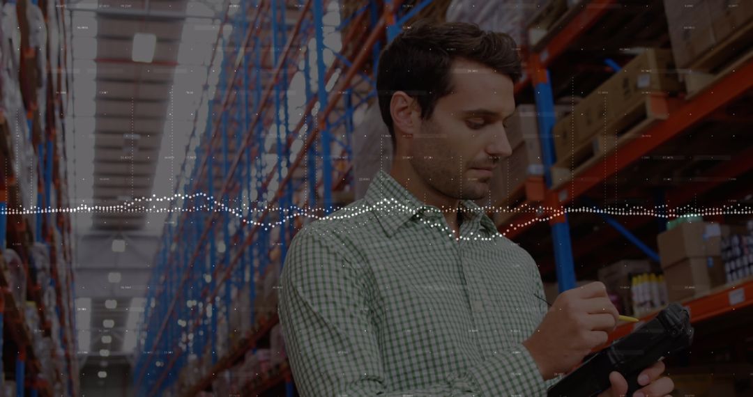 Warehouse Manager Analyzing Digital Data Overlay with Inventory
