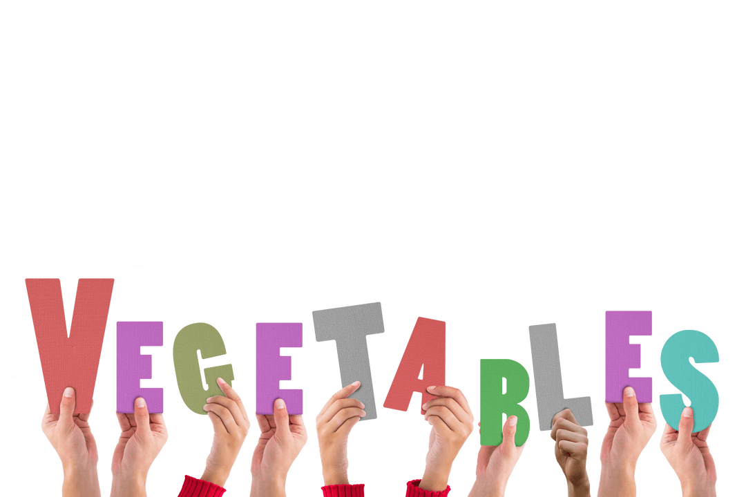 Hands Holding Colorful Letters Spelling Vegetables on Transparent