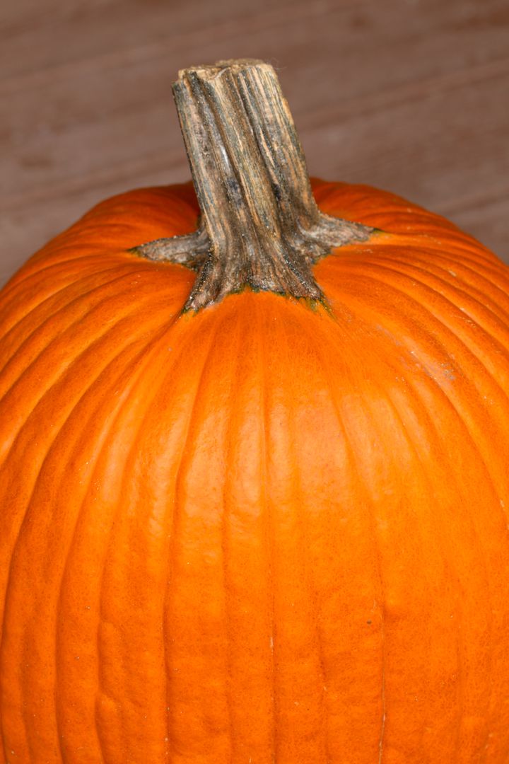 Close-Up Bright Orange Pumpkin on Rustic Surface