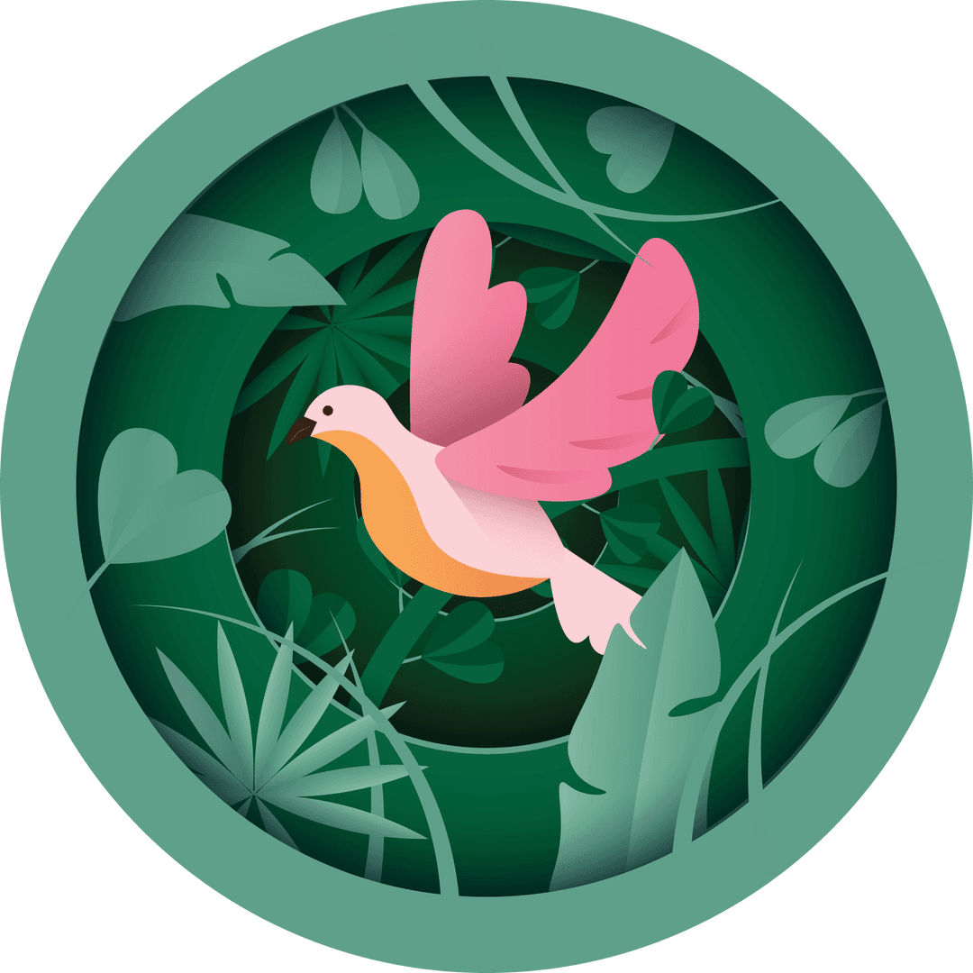 Pink Bird in Greenery Circle with Transparent Background