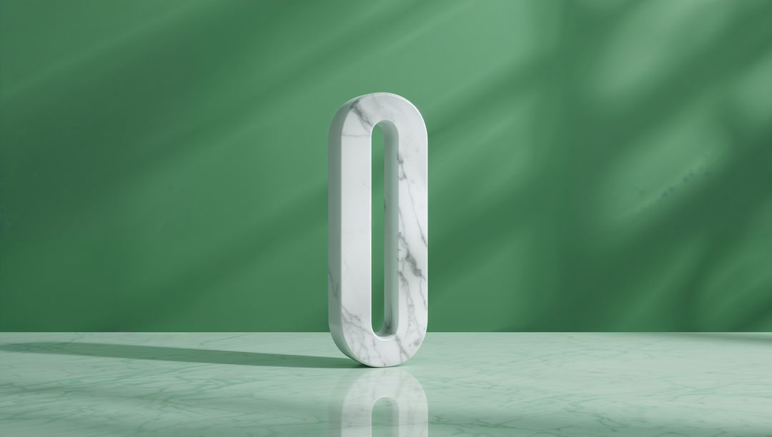 Standing Marble Zero Sculpture on Reflective Surface