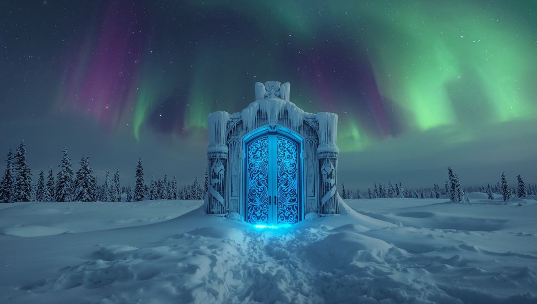 Mystical Ice Portal Under Northern Lights in Snowy Woodland