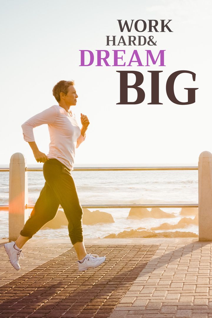 Motivational Poster with Woman Jogging by Sea for Determination and Ambition - Download Free Stock Templates Pikwizard.com