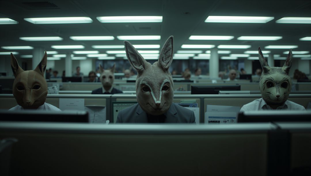 Office Workers in Animal Masks Reflecting Anonymity and Surrealism