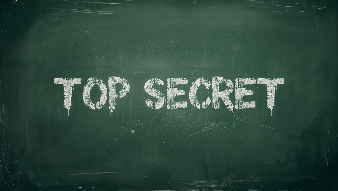 Top Secret Chalkboard Showing Weathered White Stamped Text on Green Blackboard, Distressed Grunge