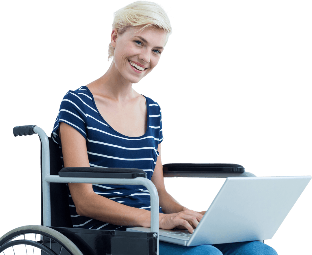 Smiling Woman in Wheelchair Using Laptop on Transparent Background