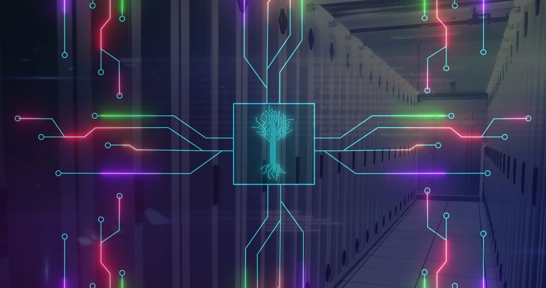 Modern Data Center with Neon Circuit Overlay and Tree Icon