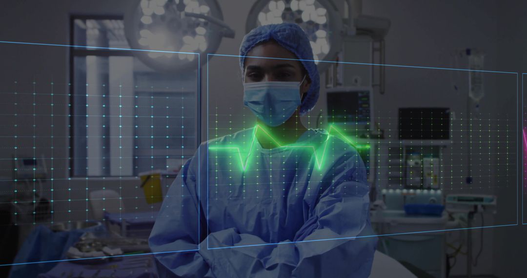 Futuristic Healthcare Tech with Surgeon Analyzing Holographic ECG