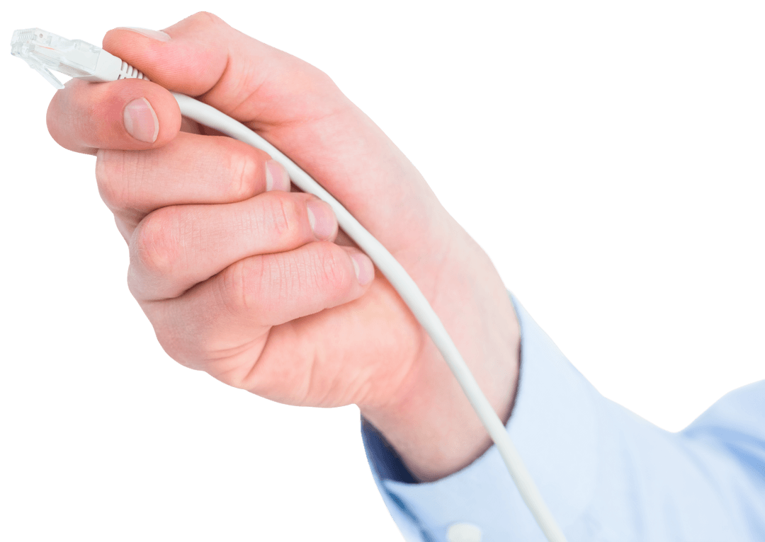 Hand Holding Ethernet Cable Transparent Close-Up View