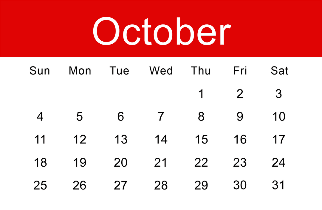 October Calendar Template on Transparent Background for Easy Integration - Download Free Stock Images Pikwizard.com