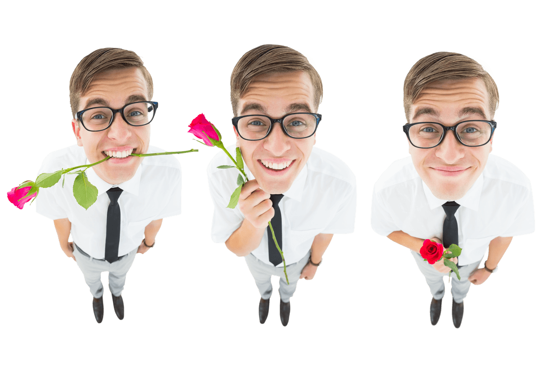 Smiling Man Holding Rose on Transparent Background