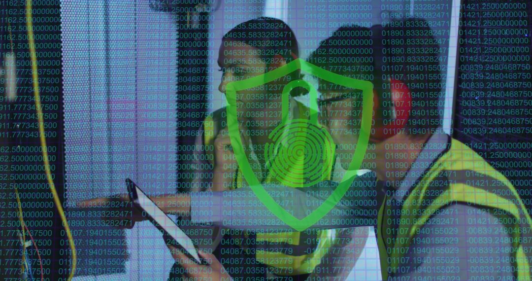 Diverse IT Engineers Analyzing Data with Shield Overlay