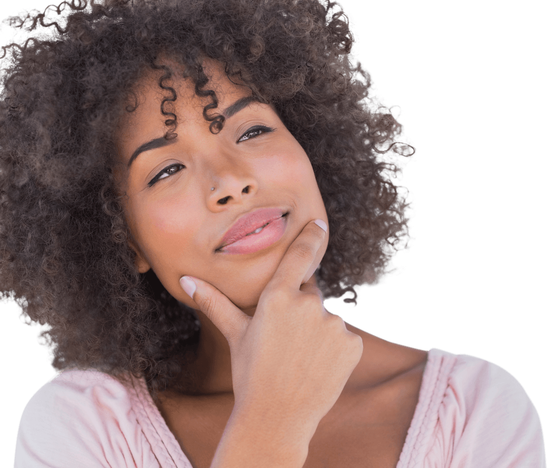 Thoughtful Woman with Curly Hair and a Clear Background
