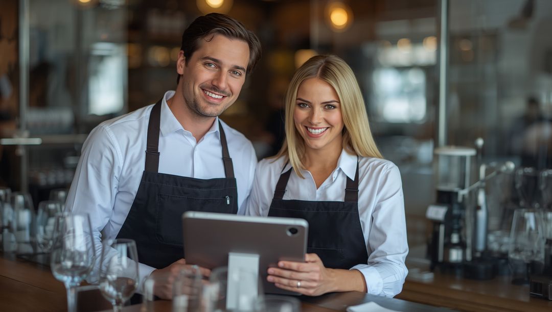 Cheerful Waitstaff Holding Tablet at Wine Bar Counter