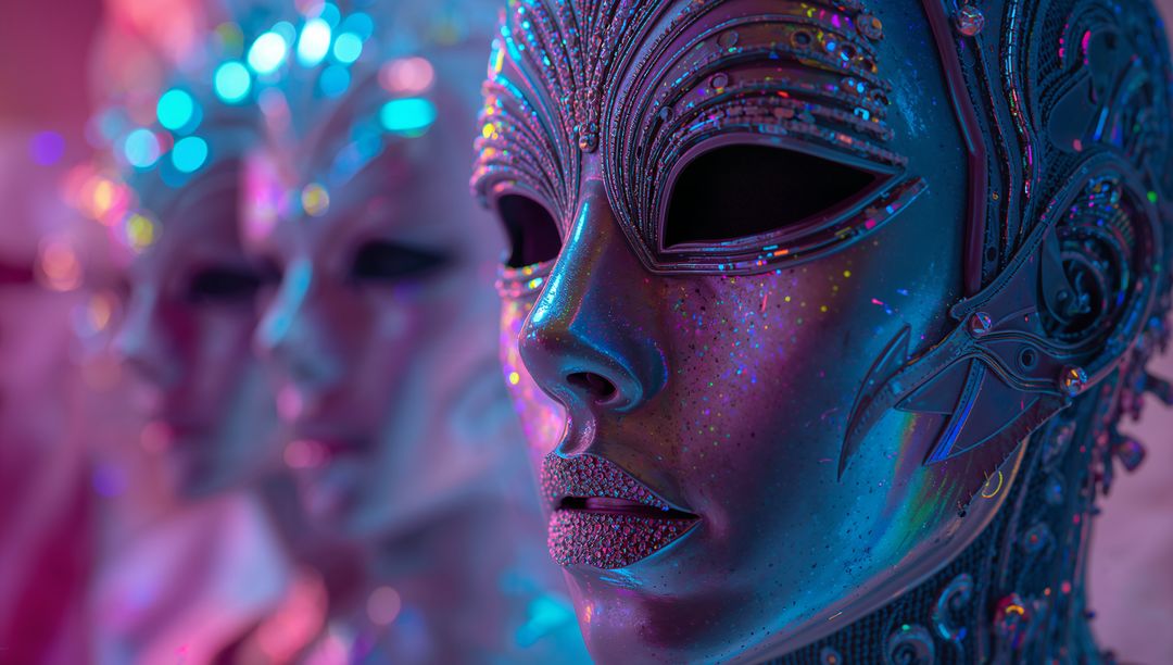 Ornate Metallic Masks with Futuristic Neon Reflections