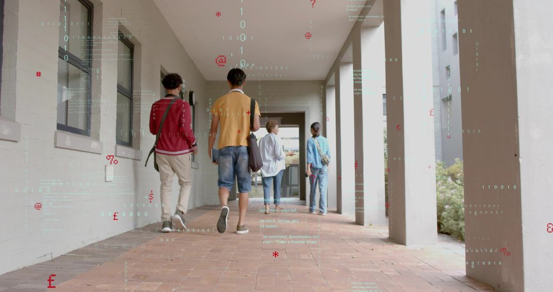 Campus students walking corridor with digital code overlay for cybersecurity education