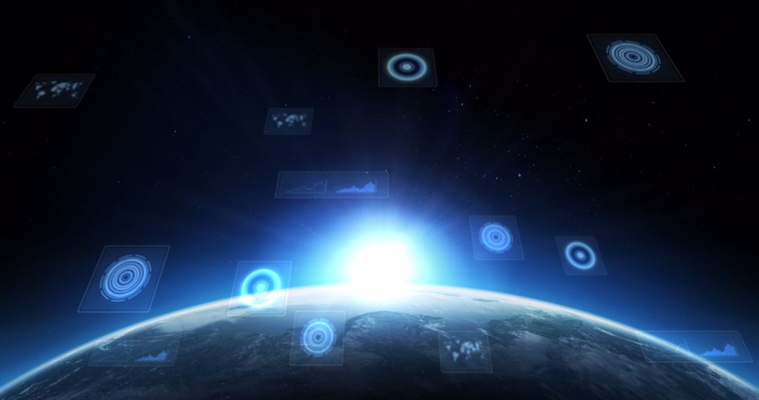 Digital Interface Scanning Screens Over Globe with Glowing Horizon