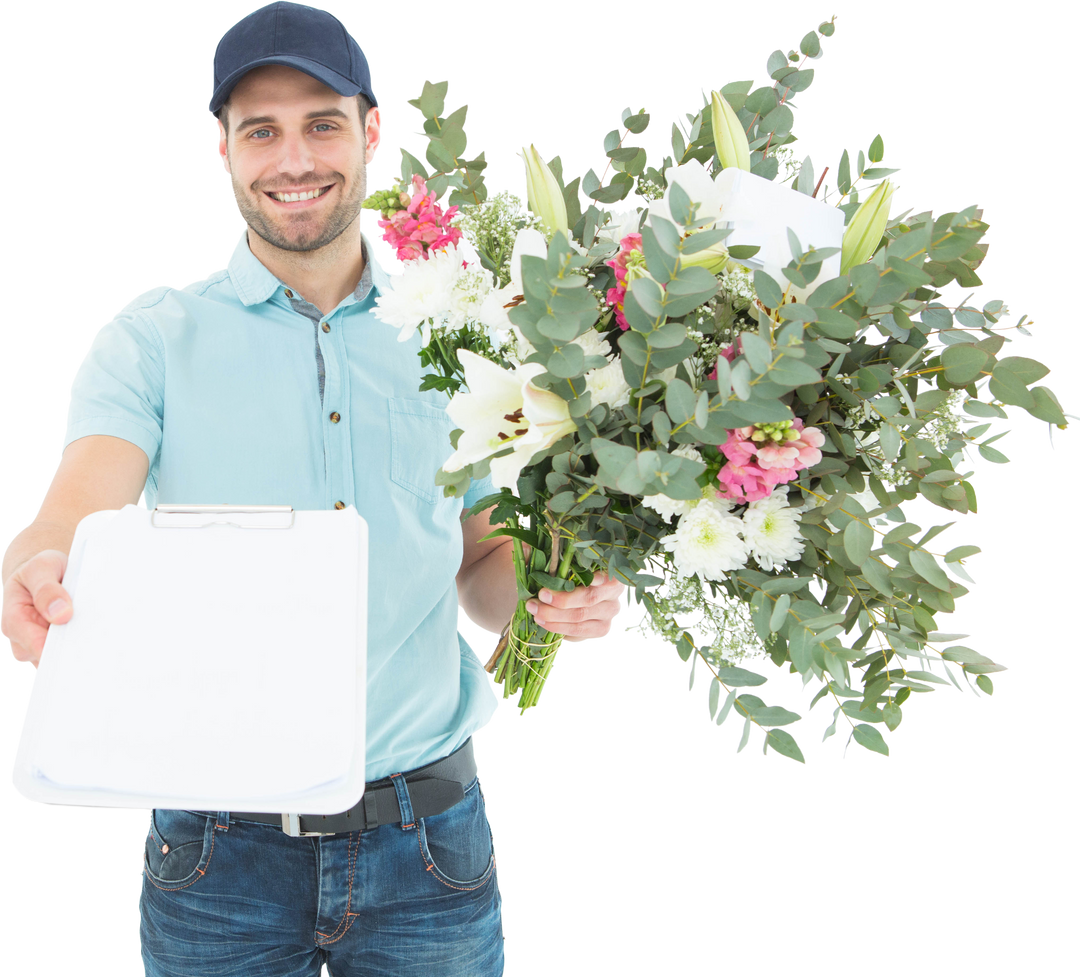 Transparent Background Happy Flower Delivery Man Holding Flowers and Clipboard - Download Free Stock Images Pikwizard.com