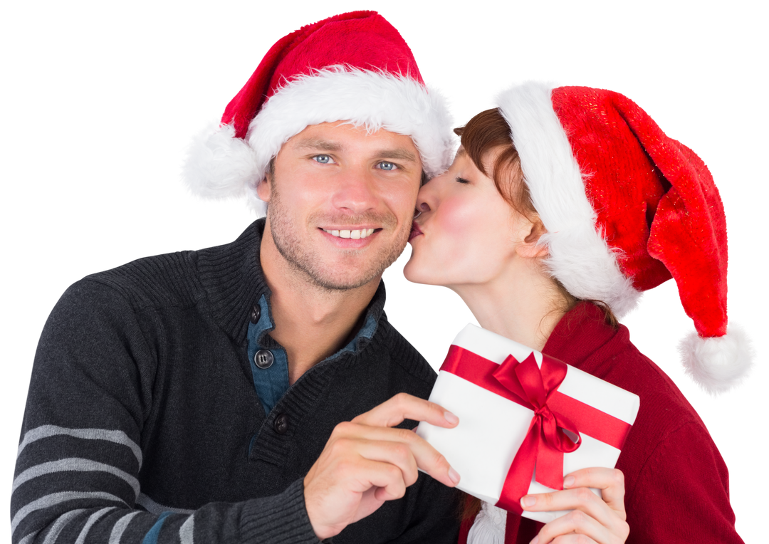 Happy Couple Holding Christmas Gift Wearing Santa Hats Transparent Background - Download Free Stock Images Pikwizard.com