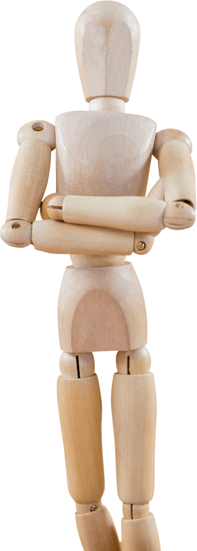 Transparent Wooden Figurine with Crossed Arms in Thoughtful Stance