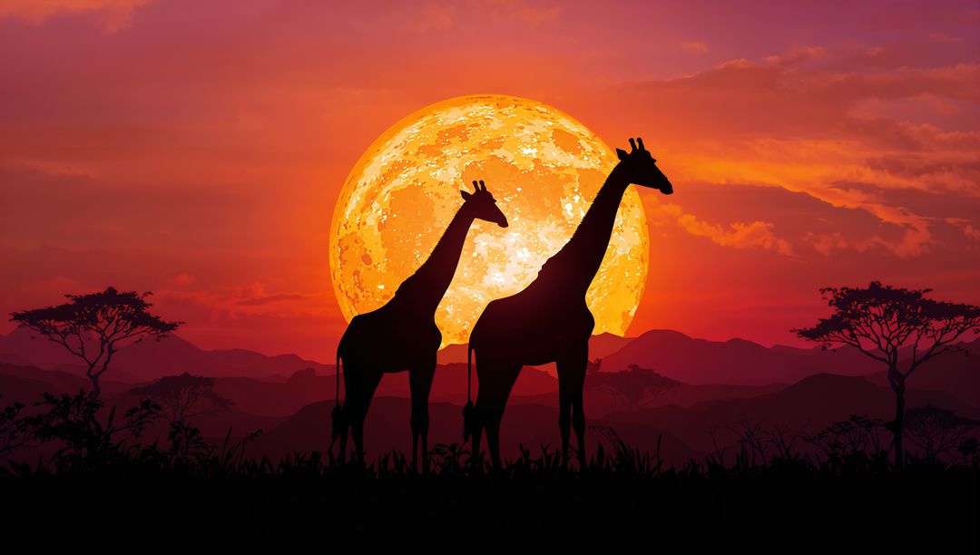 Silhouetted giraffes at african sunset under glowing sky