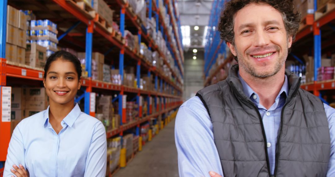 Confident Warehouse Workers in Large Inventory Storage Aisle