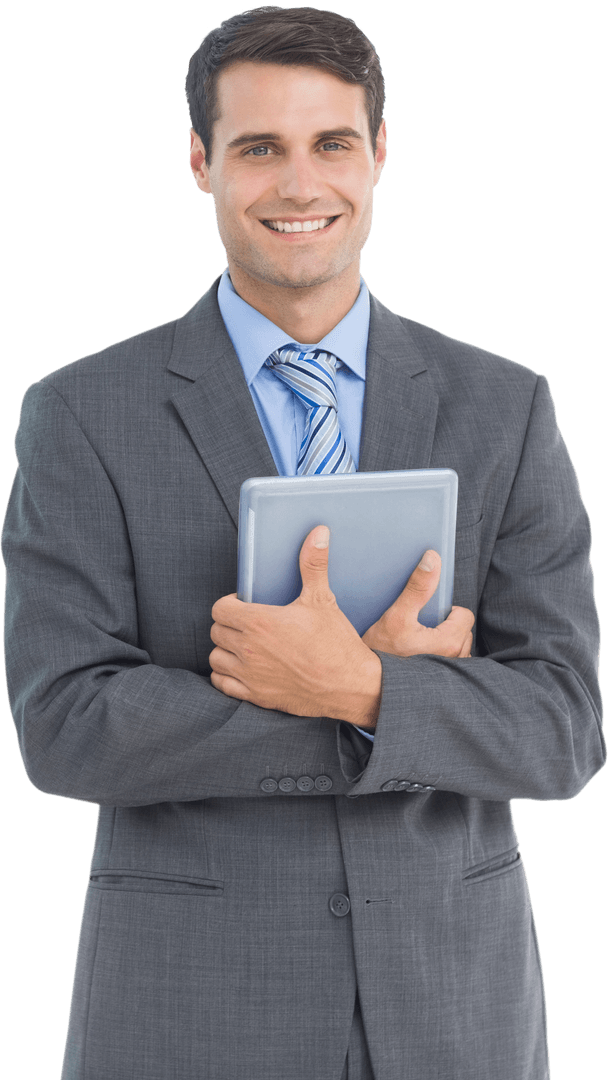 Smiling Businessman Holding Tablet Isolated on Transparent Background