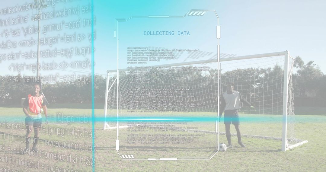 Soccer players using augmented reality performance tracking on grassy training field