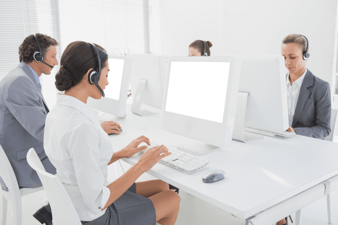 Team Working at White Office Desks Rendering Transparent Background