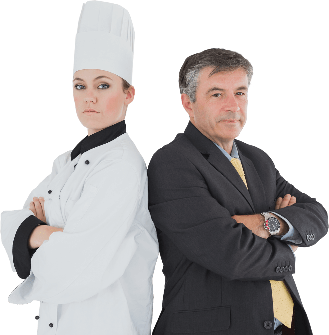 Professional Chef and Businessman Standing Back to Back Transparent Background