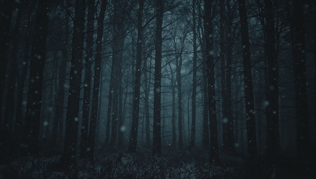 Standing Pine Trunks Receding into Foggy Twilight with Falling Snow and Brush