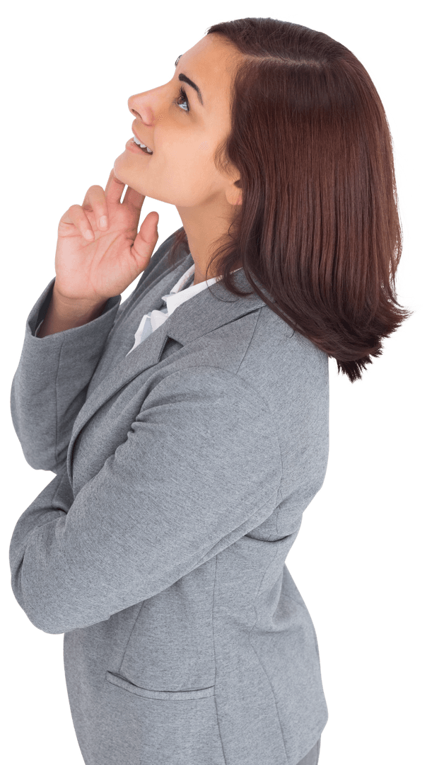 Smiling Businesswoman Looking Up in Gray Suit on Transparent Background