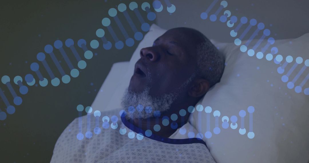 Senior Man Resting in Hospital Bed with DNA Overlay Symbolizing Medical Science
