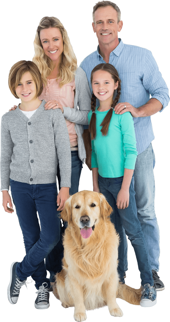Happy Family with Golden Retriever on White Background Transparent