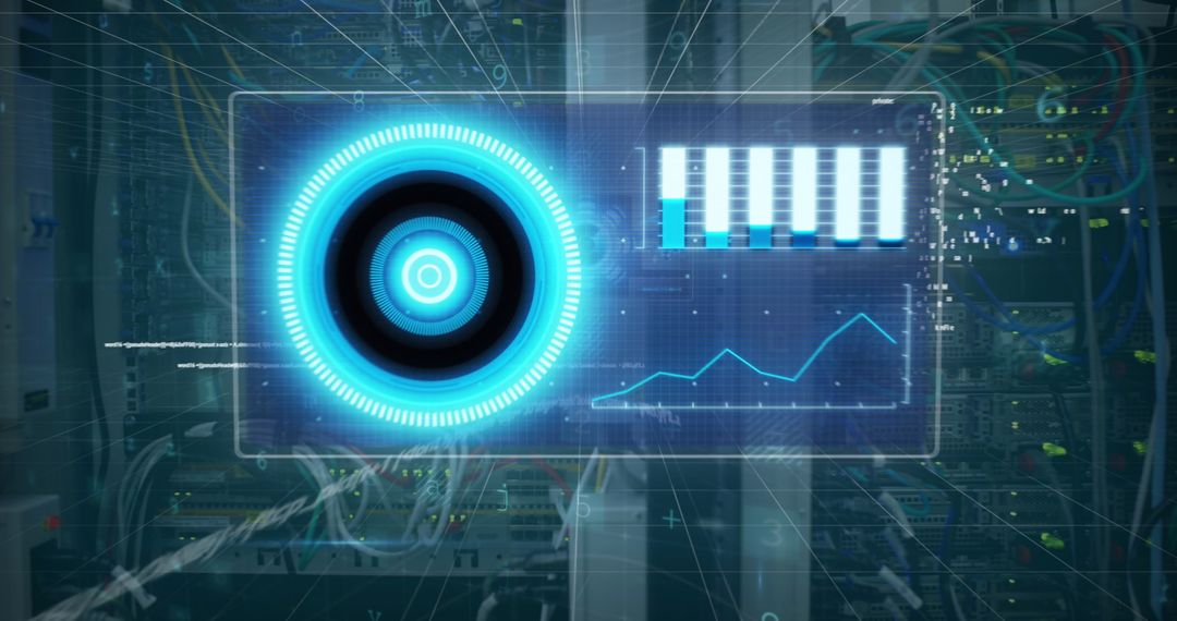 Digital Interface over High-Tech Server Room with Graphs and Data