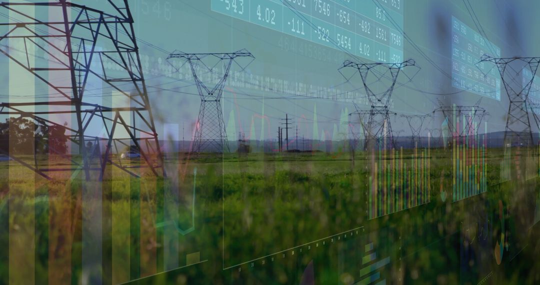 Transmission Towers Merge with Financial Analytics in Rural Landscape