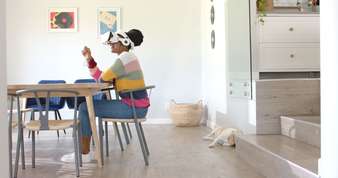 Woman Enjoying Virtual Reality Adventure at Home