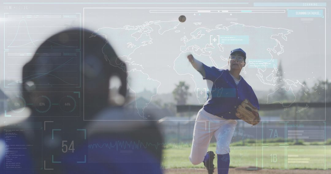 Female Baseball Player in Action with Data Visualizations