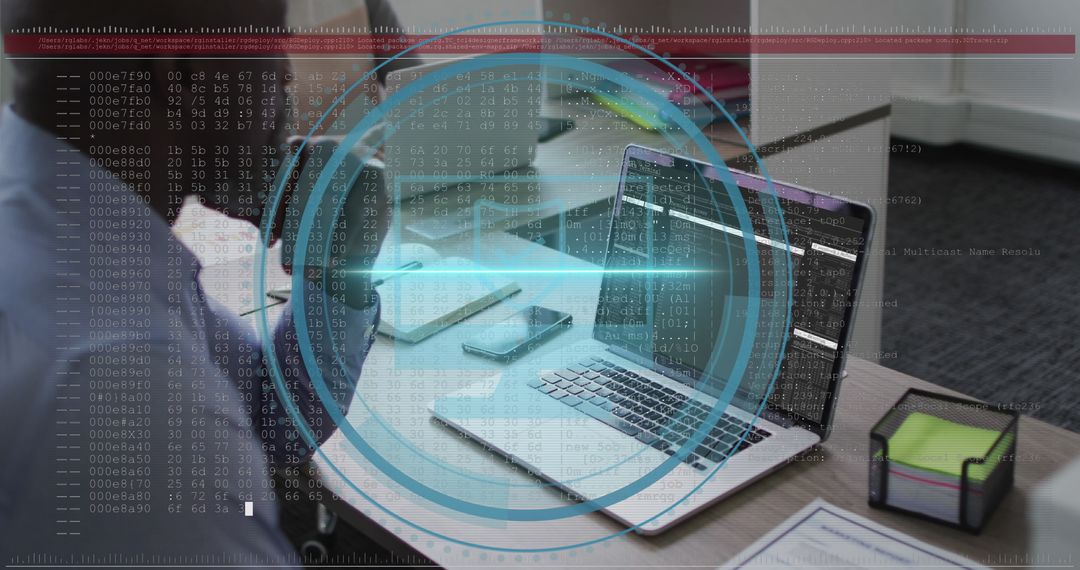 Cybersecurity Analysis involving Business Professional with Holographic Interface