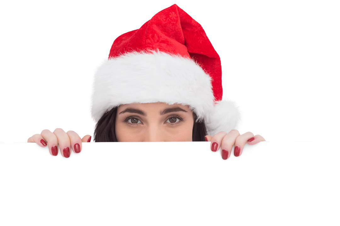 Christmas Woman Peeking Over Blank Banner Transparent Background