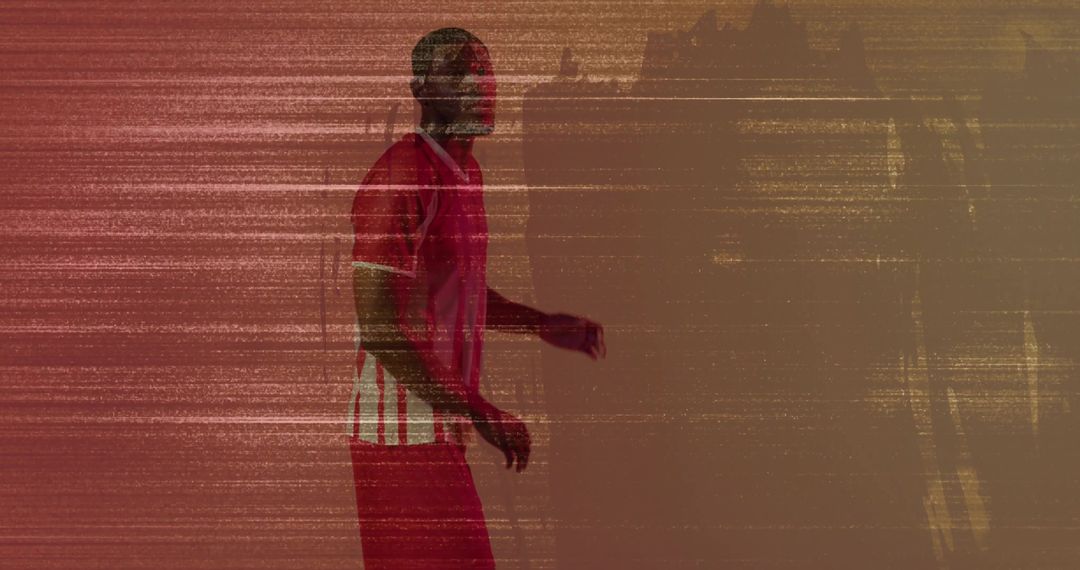 Athletic Man in Red Jersey with Digital Glitch Effect